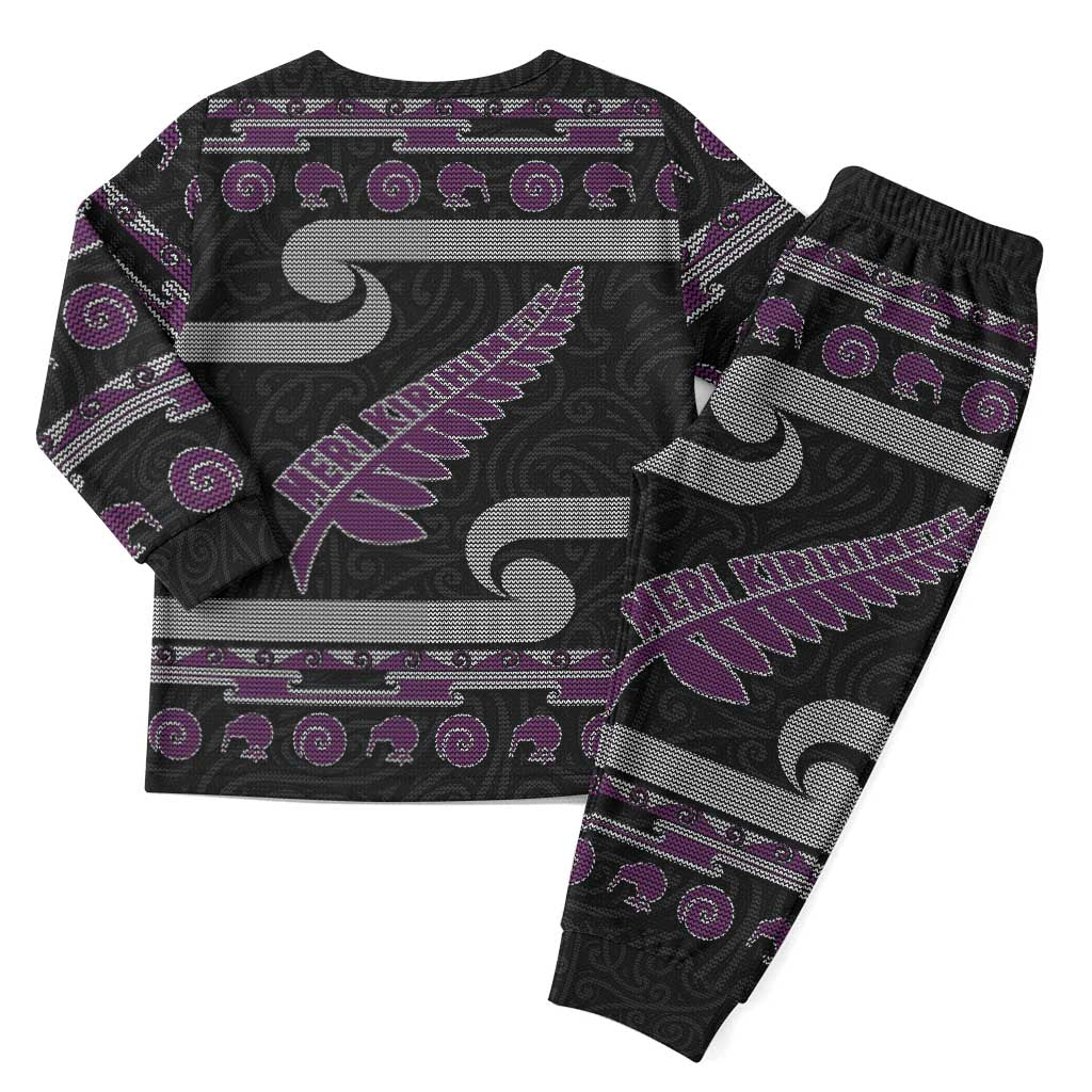 New Zealand Christmas Pajama Set Meri Kirihimete Silver Fern Knit Style Purple Color - Polynesian Pride