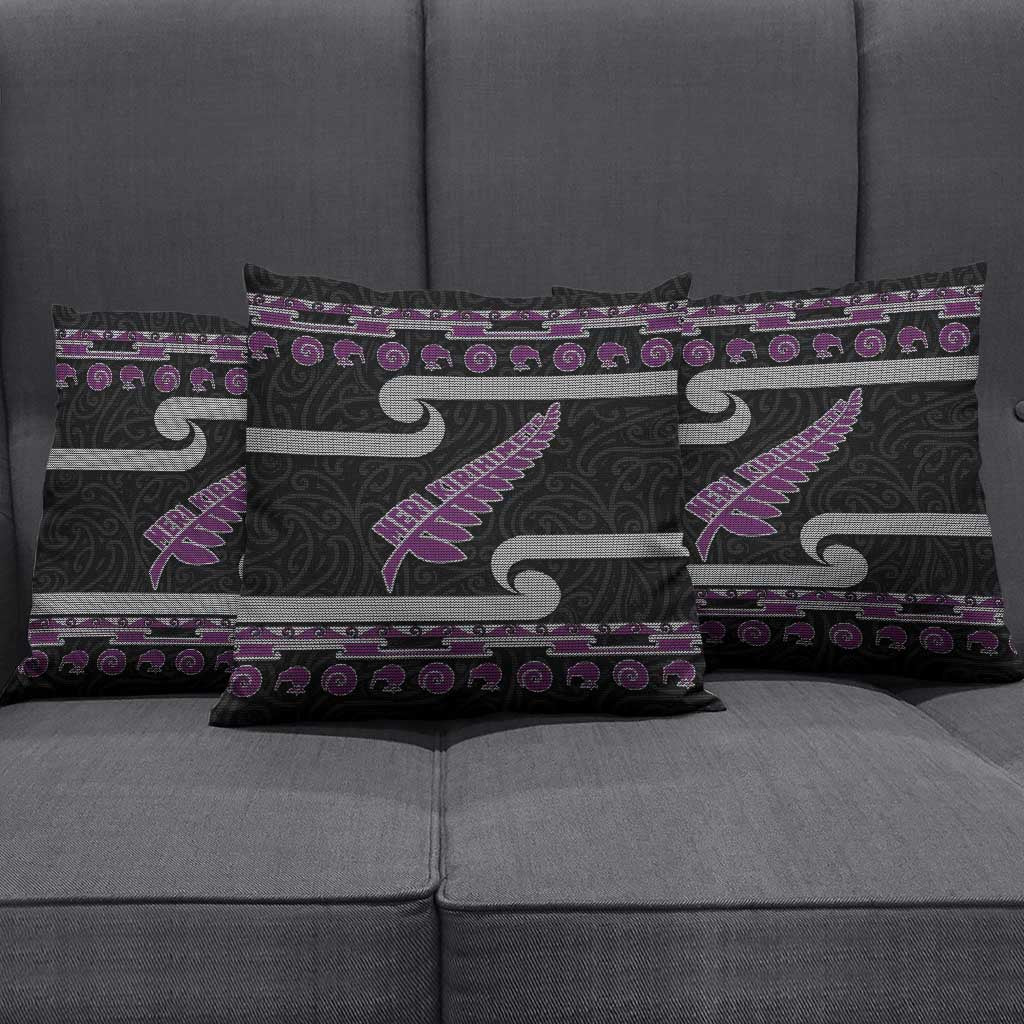 New Zealand Christmas Pillow Cover Meri Kirihimete Silver Fern Knit Style Purple Color - Polynesian Pride