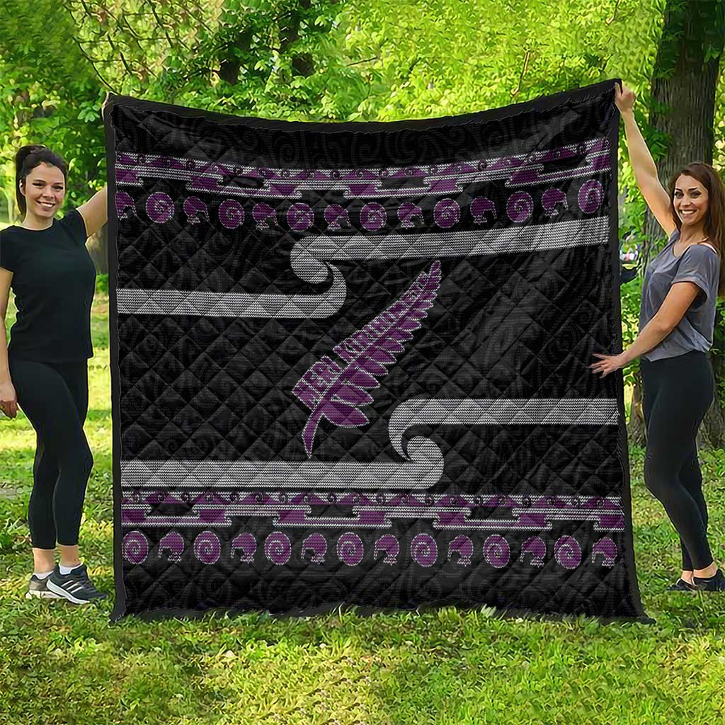 New Zealand Christmas Quilt Meri Kirihimete Silver Fern Knit Style Purple Color - Polynesian Pride
