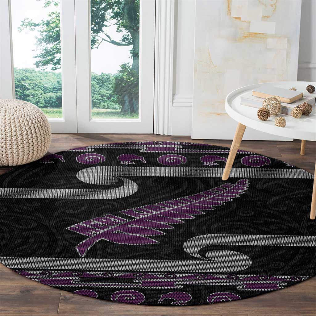 New Zealand Christmas Round Carpet Meri Kirihimete Silver Fern Knit Style Purple Color - Polynesian Pride