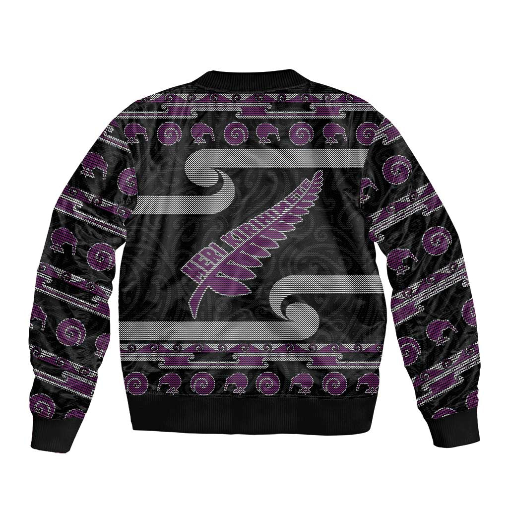 New Zealand Christmas Sleeve Zip Bomber Jacket Meri Kirihimete Silver Fern Knit Style Purple Color - Polynesian Pride