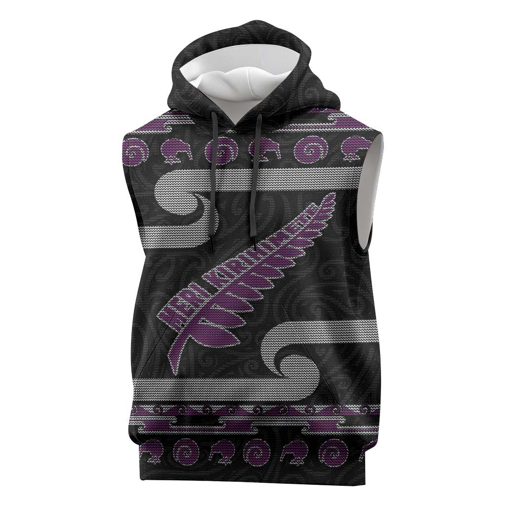 New Zealand Christmas Sleeveless Hoodie Meri Kirihimete Silver Fern Knit Style Purple Color - Polynesian Pride