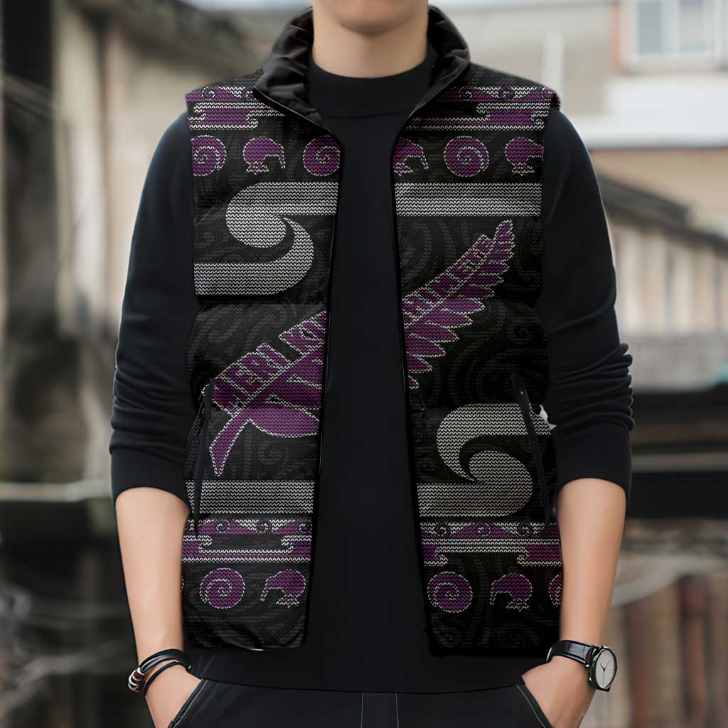 New Zealand Christmas Sleeveless Puffer Jacket Meri Kirihimete Silver Fern Knit Style Purple Color - Polynesian Pride