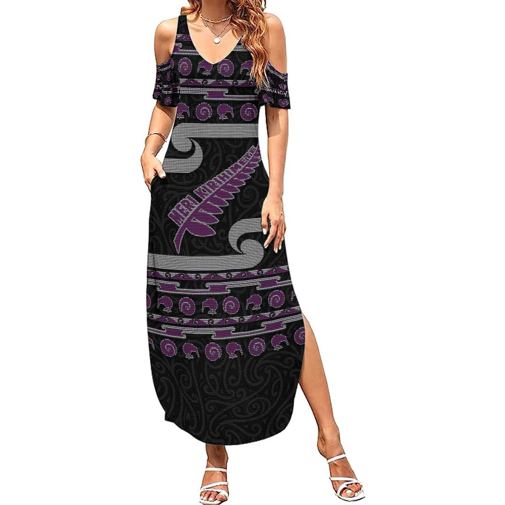New Zealand Christmas Summer Maxi Dress Meri Kirihimete Silver Fern Knit Style Purple Color - Polynesian Pride
