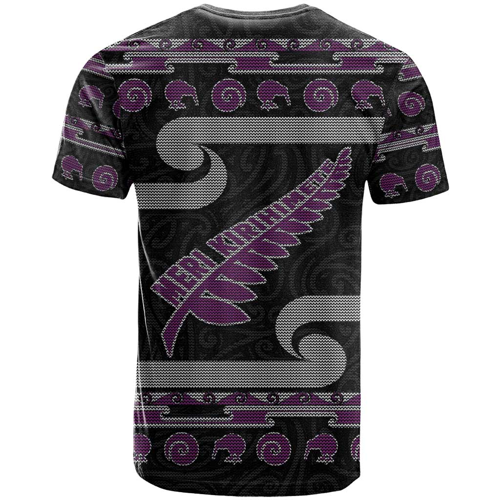 New Zealand Christmas T Shirt Meri Kirihimete Silver Fern Knit Style Purple Color - Polynesian Pride