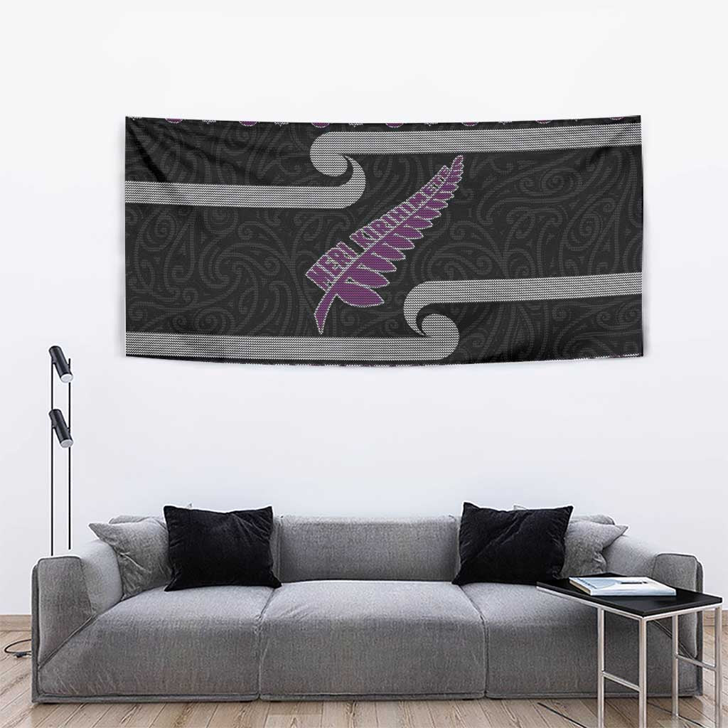 New Zealand Christmas Tapestry Meri Kirihimete Silver Fern Knit Style Purple Color - Polynesian Pride