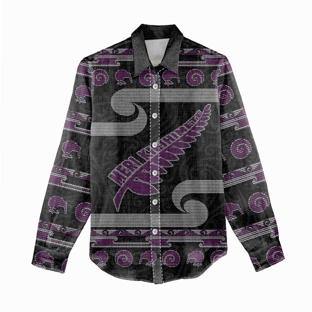 New Zealand Christmas Women Casual Shirt Meri Kirihimete Silver Fern Knit Style Purple Color - Polynesian Pride