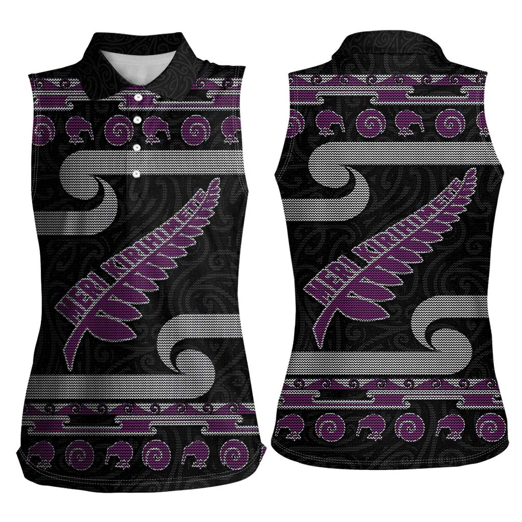 New Zealand Christmas Women Sleeveless Polo Shirt Meri Kirihimete Silver Fern Knit Style Purple Color - Polynesian Pride