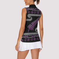New Zealand Christmas Women Sleeveless Polo Shirt Meri Kirihimete Silver Fern Knit Style Purple Color - Polynesian Pride