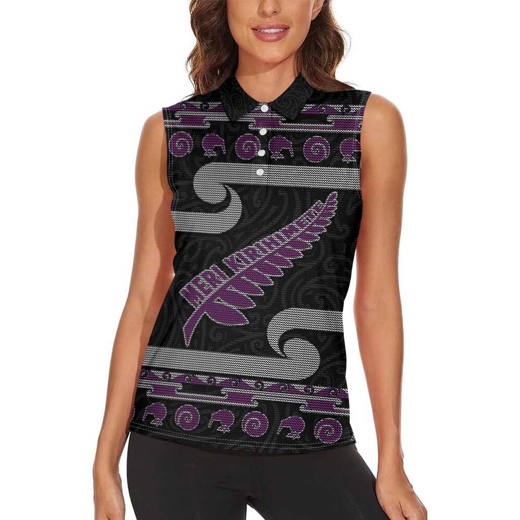 New Zealand Christmas Women Sleeveless Polo Shirt Meri Kirihimete Silver Fern Knit Style Purple Color - Polynesian Pride
