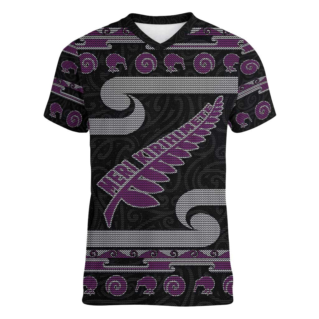New Zealand Christmas Women V-Neck T-Shirt Meri Kirihimete Silver Fern Knit Style Purple Color - Polynesian Pride