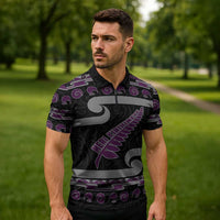 New Zealand Christmas Zipper Polo Shirt Meri Kirihimete Silver Fern Knit Style Purple Color - Polynesian Pride