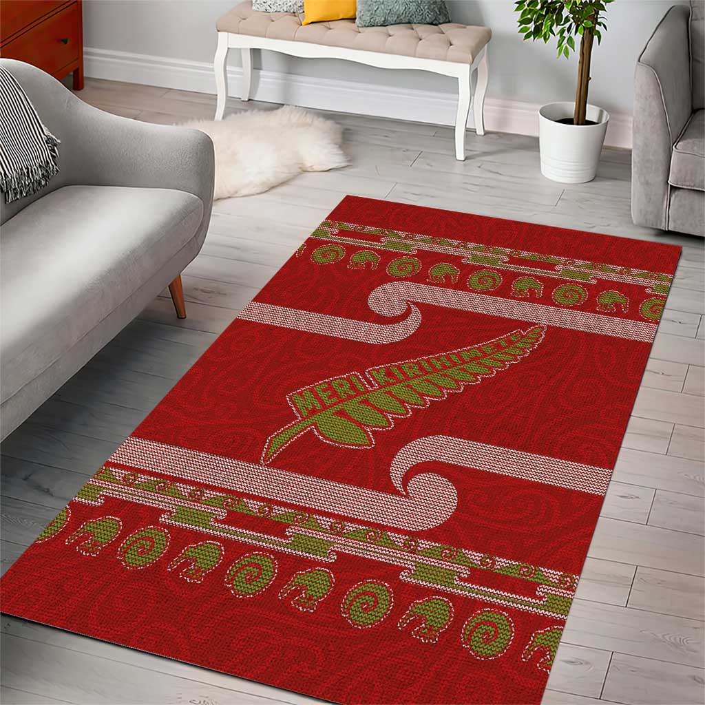 New Zealand Christmas Area Rug Meri Kirihimete Silver Fern Knit Style Green Color - Polynesian Pride