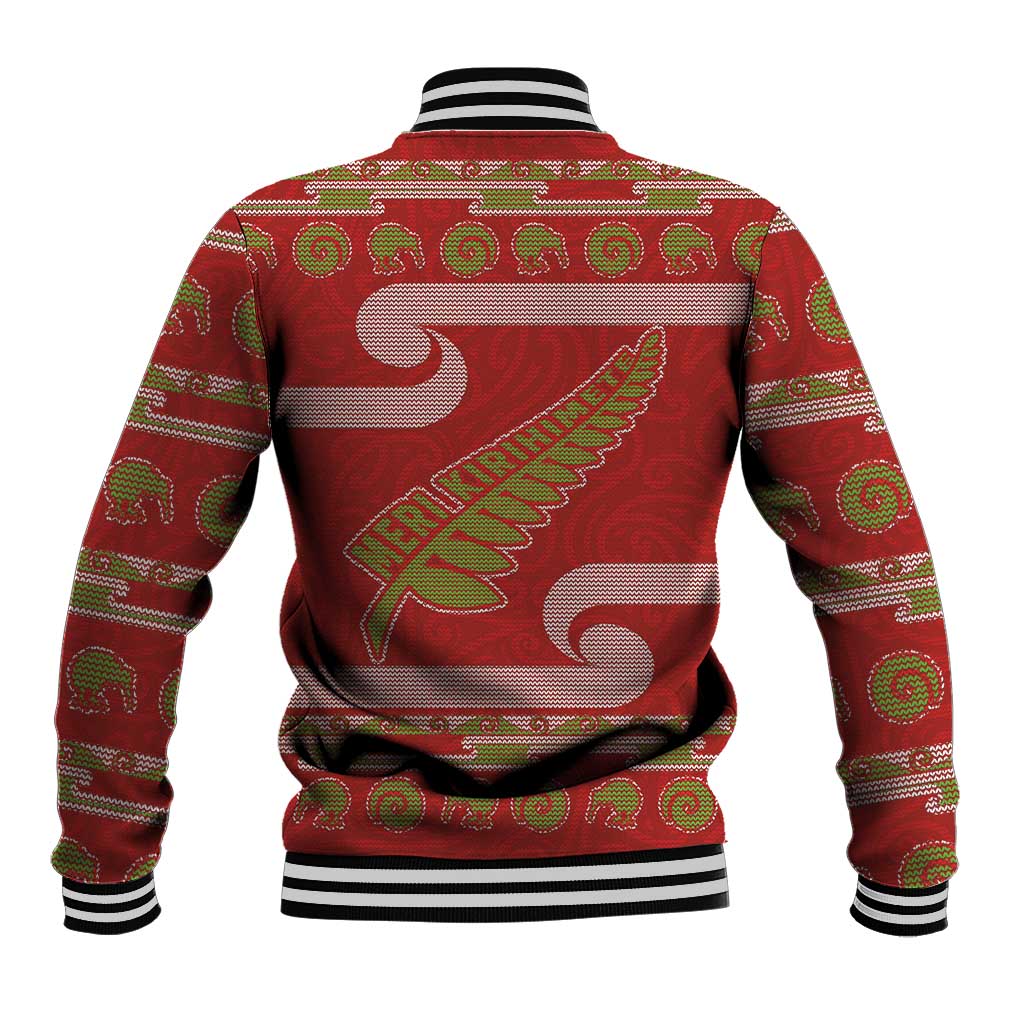 New Zealand Christmas Baseball Jacket Meri Kirihimete Silver Fern Knit Style Green Color - Polynesian Pride