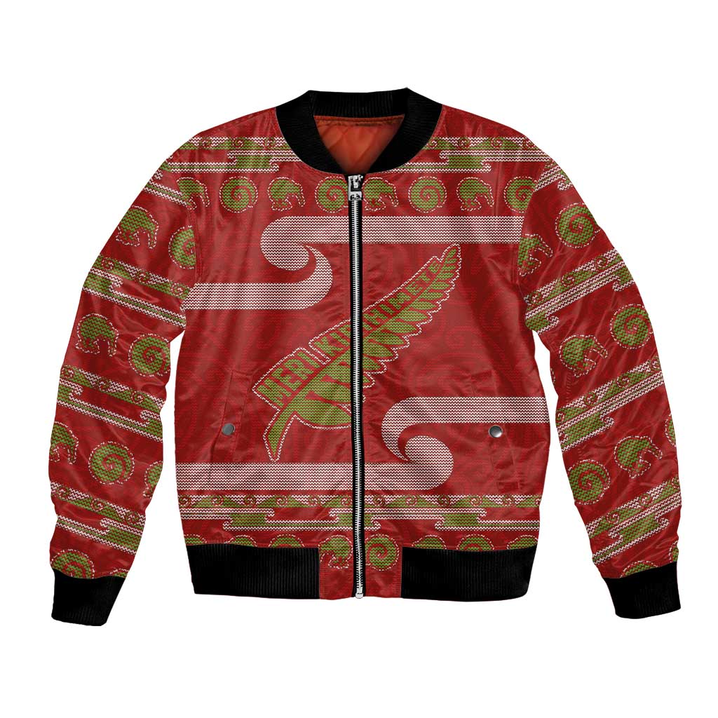 New Zealand Christmas Bomber Jacket Meri Kirihimete Silver Fern Knit Style Green Color - Polynesian Pride