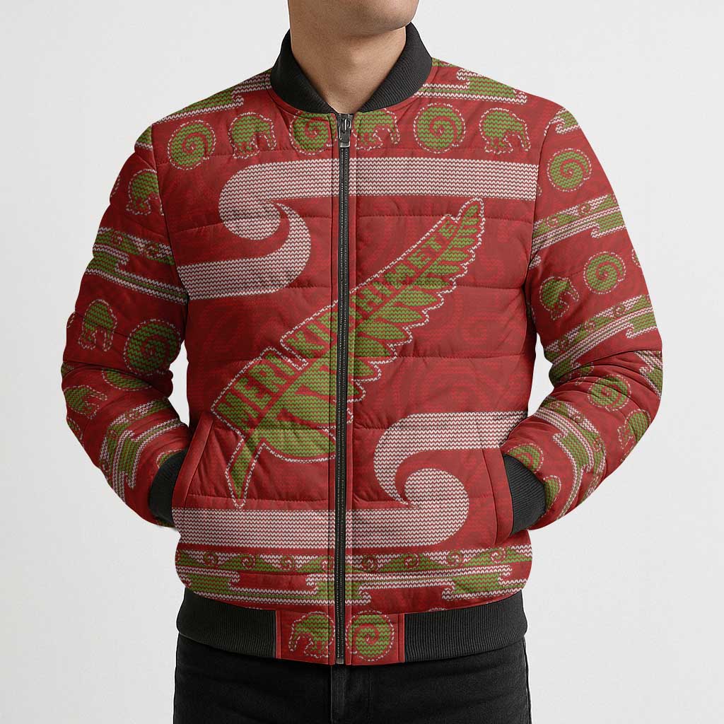 New Zealand Christmas Bomber Puffer Jacket Meri Kirihimete Silver Fern Knit Style Green Color - Polynesian Pride