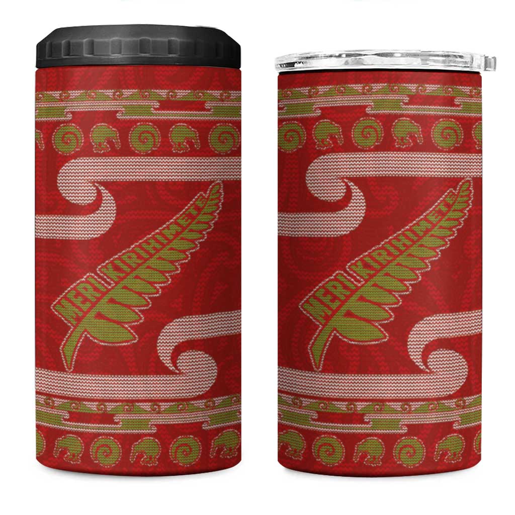 New Zealand Christmas 4 in 1 Can Cooler Tumbler Meri Kirihimete Silver Fern Knit Style Green Color - Polynesian Pride