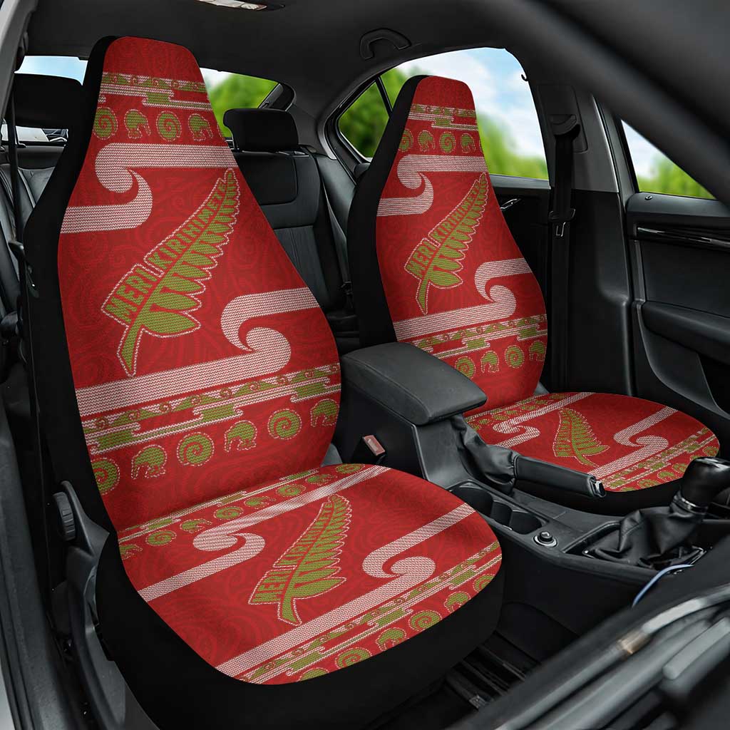 New Zealand Christmas Car Seat Cover Meri Kirihimete Silver Fern Knit Style Green Color - Polynesian Pride