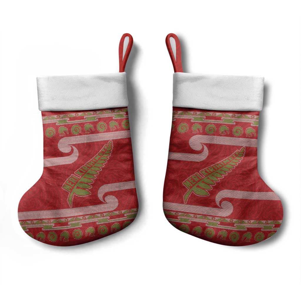 New Zealand Christmas Stocking Meri Kirihimete Silver Fern Knit Style Green Color - Polynesian Pride