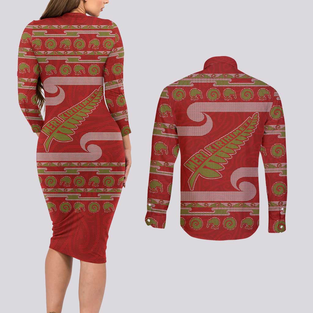 New Zealand Christmas Couples Matching Long Sleeve Bodycon Dress and Long Sleeve Button Shirt Meri Kirihimete Silver Fern Knit Style Green Color - Polynesian Pride
