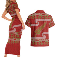 New Zealand Christmas Couples Matching Short Sleeve Bodycon Dress and Hawaiian Shirt Meri Kirihimete Silver Fern Knit Style Green Color - Polynesian Pride