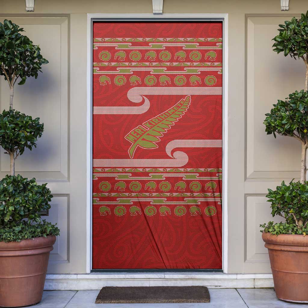New Zealand Christmas Door Cover Meri Kirihimete Silver Fern Knit Style Green Color - Polynesian Pride