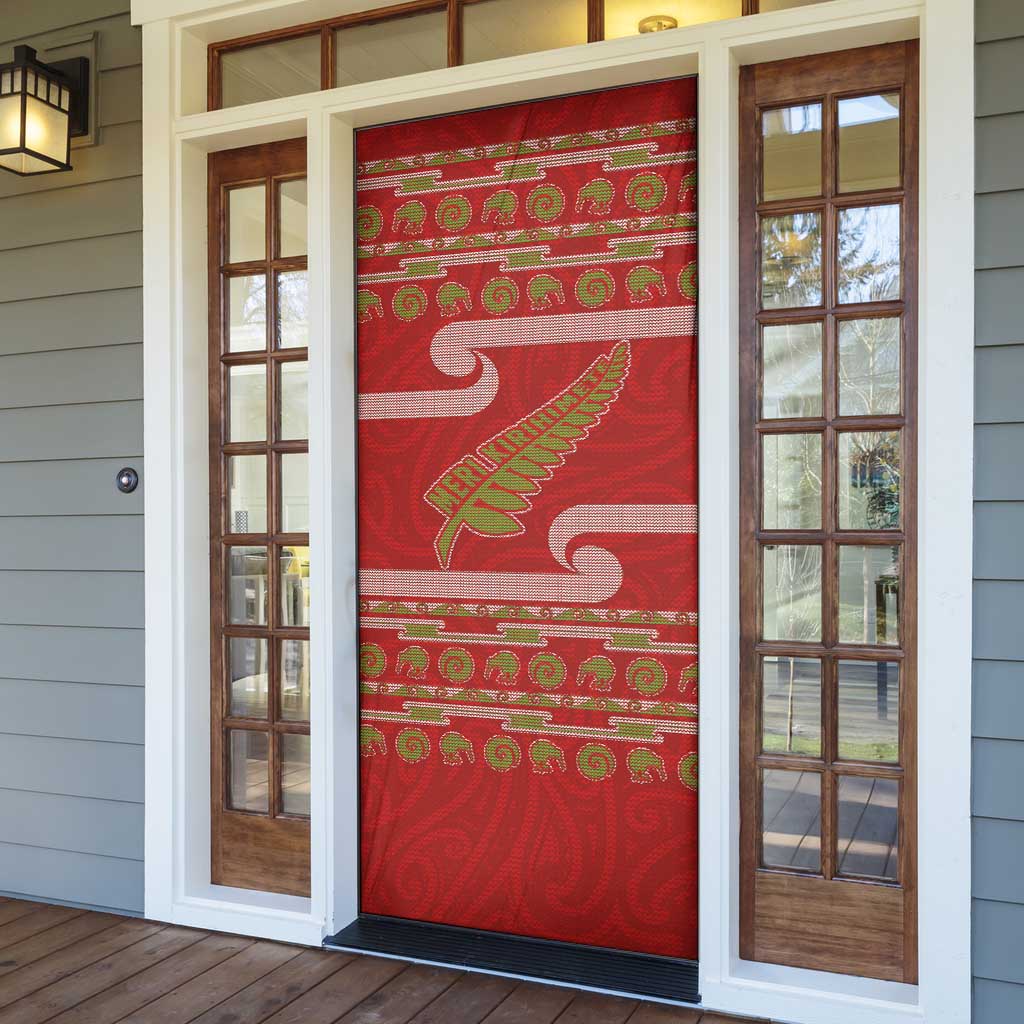New Zealand Christmas Door Cover Meri Kirihimete Silver Fern Knit Style Green Color - Polynesian Pride