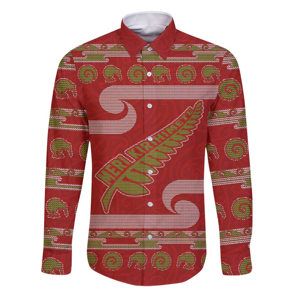 New Zealand Christmas Family Matching Long Sleeve Bodycon Dress and Hawaiian Shirt Meri Kirihimete Silver Fern Knit Style Green Color - Polynesian Pride