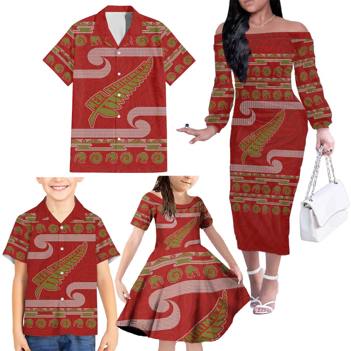 New Zealand Christmas Family Matching Off The Shoulder Long Sleeve Dress and Hawaiian Shirt Meri Kirihimete Silver Fern Knit Style Green Color - Polynesian Pride