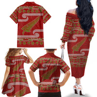 New Zealand Christmas Family Matching Off The Shoulder Long Sleeve Dress and Hawaiian Shirt Meri Kirihimete Silver Fern Knit Style Green Color - Polynesian Pride