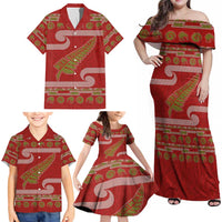 New Zealand Christmas Family Matching Off Shoulder Maxi Dress and Hawaiian Shirt Meri Kirihimete Silver Fern Knit Style Green Color - Polynesian Pride