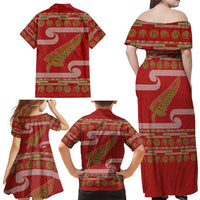 New Zealand Christmas Family Matching Off Shoulder Maxi Dress and Hawaiian Shirt Meri Kirihimete Silver Fern Knit Style Green Color - Polynesian Pride