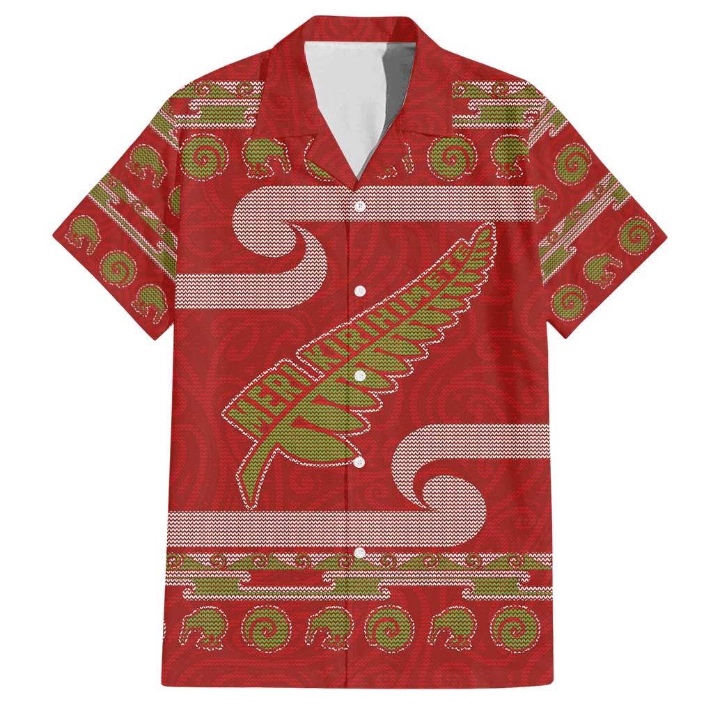 New Zealand Christmas Family Matching Off Shoulder Short Dress and Hawaiian Shirt Meri Kirihimete Silver Fern Knit Style Green Color - Polynesian Pride