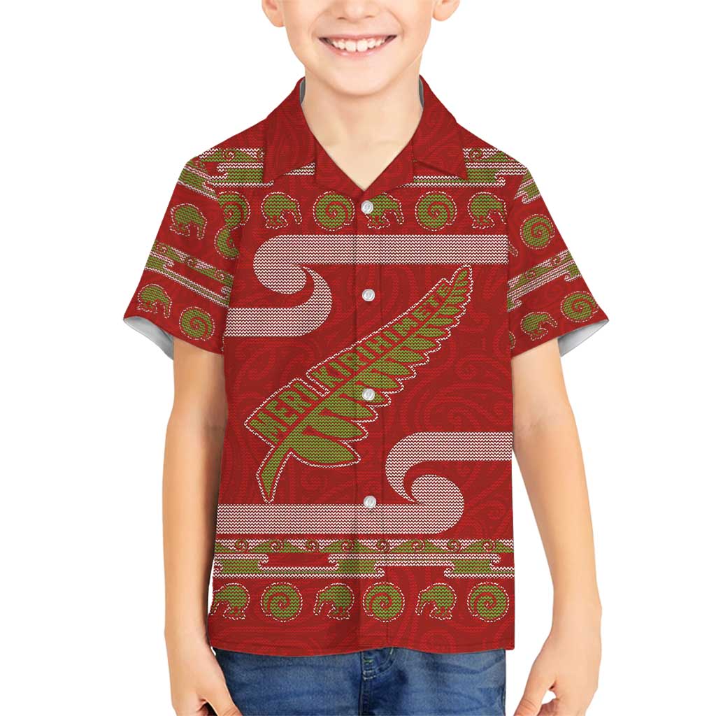 New Zealand Christmas Family Matching Puletasi and Hawaiian Shirt Meri Kirihimete Silver Fern Knit Style Green Color - Polynesian Pride