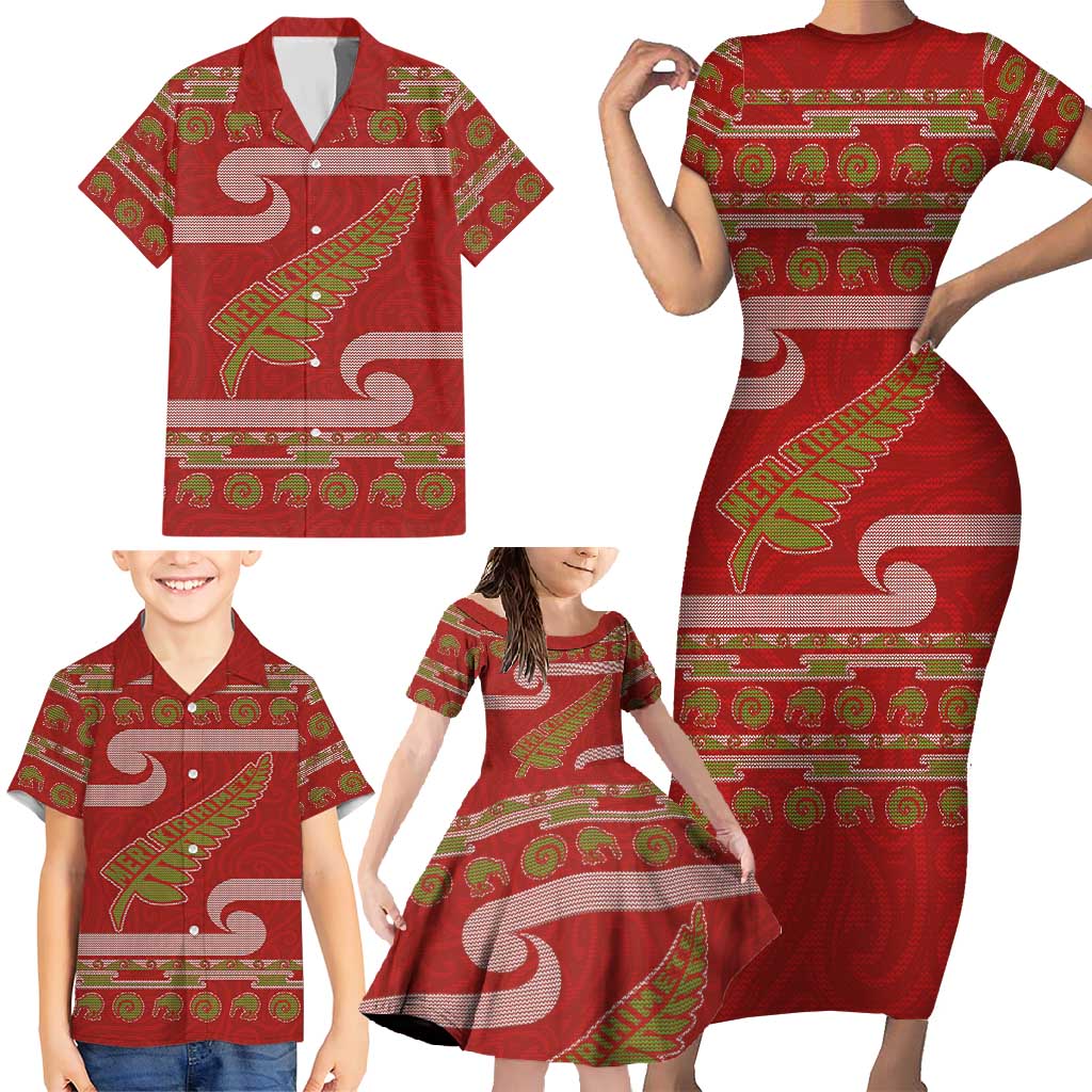 New Zealand Christmas Family Matching Short Sleeve Bodycon Dress and Hawaiian Shirt Meri Kirihimete Silver Fern Knit Style Green Color - Polynesian Pride