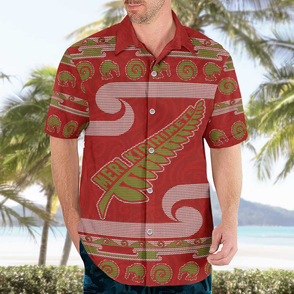 New Zealand Christmas Hawaiian Shirt Meri Kirihimete Silver Fern Knit Style Green Color - Polynesian Pride