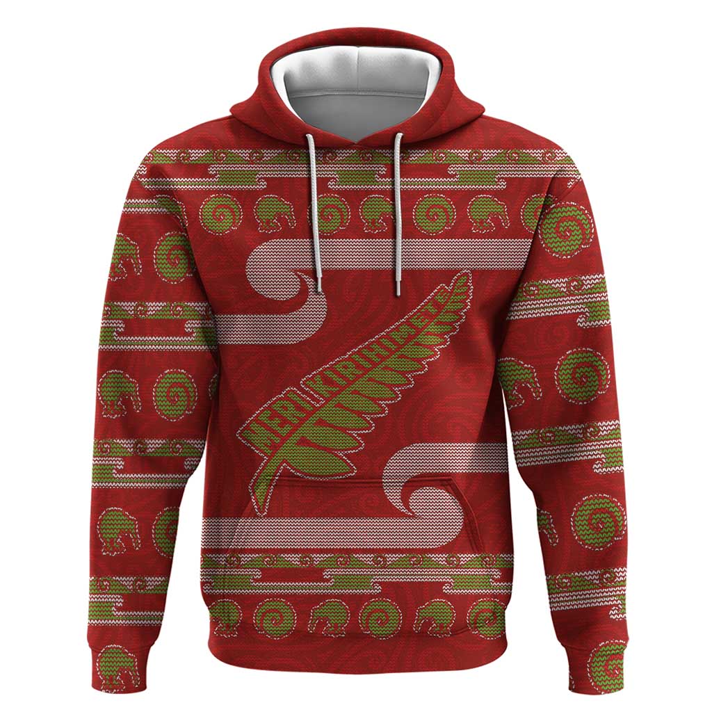New Zealand Christmas Hoodie Meri Kirihimete Silver Fern Knit Style Green Color - Polynesian Pride