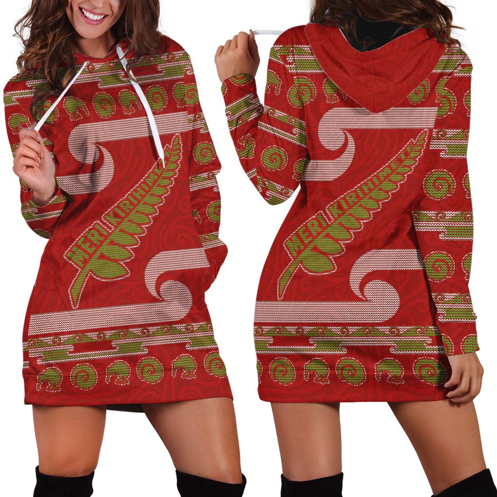 New Zealand Christmas Hoodie Dress Meri Kirihimete Silver Fern Knit Style Green Color - Polynesian Pride