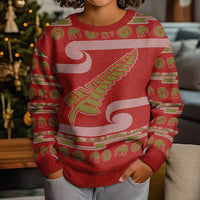 New Zealand Christmas Kid Ugly Christmas Sweater Meri Kirihimete Silver Fern Knit Style Green Color - Polynesian Pride
