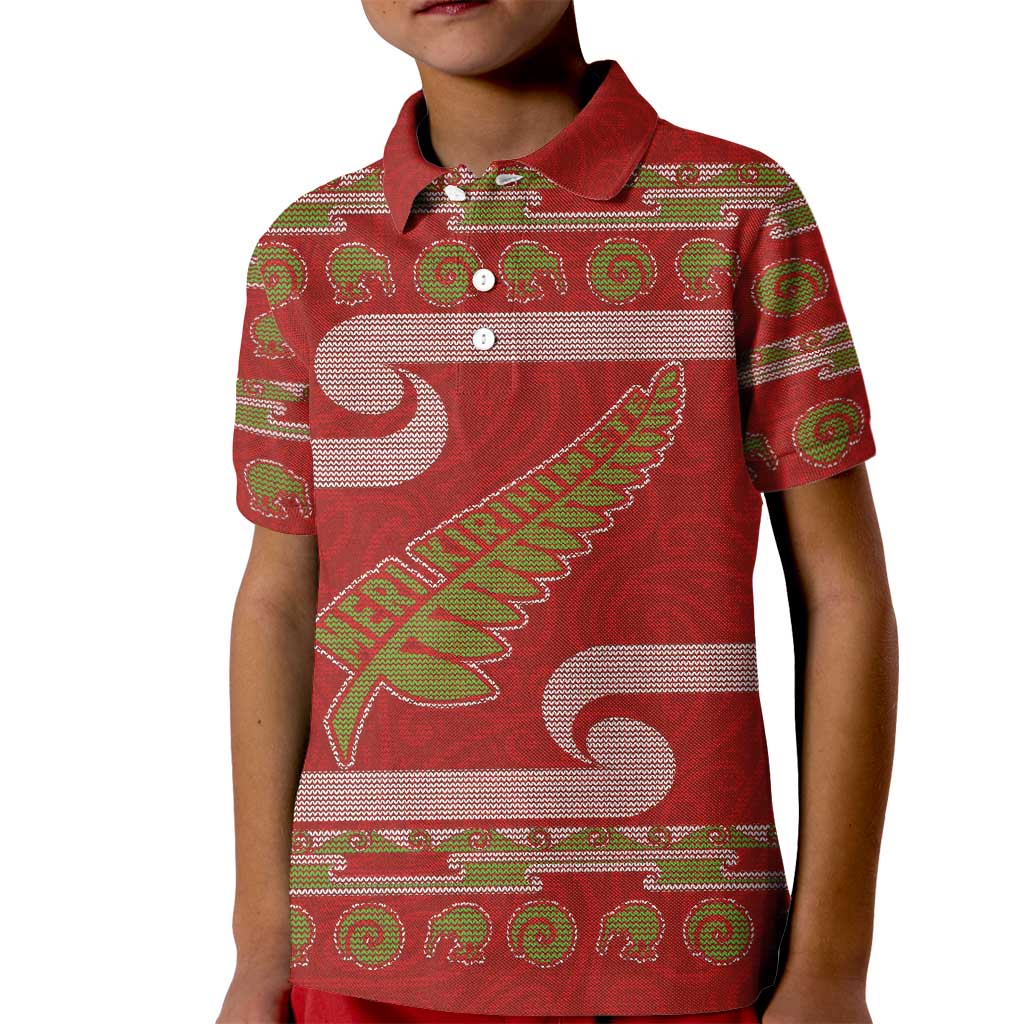 New Zealand Christmas Kid Polo Shirt Meri Kirihimete Silver Fern Knit Style Green Color - Polynesian Pride