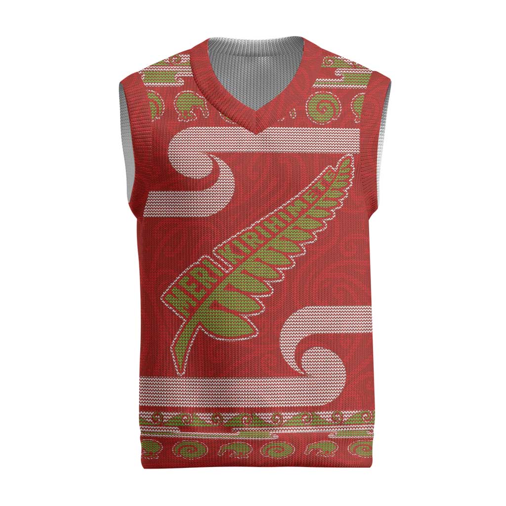 New Zealand Christmas Knitted V-Neck Vest Meri Kirihimete Silver Fern Knit Style Green Color - Polynesian Pride