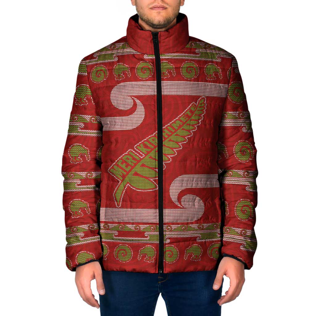 New Zealand Christmas Padded Jacket Meri Kirihimete Silver Fern Knit Style Green Color - Polynesian Pride