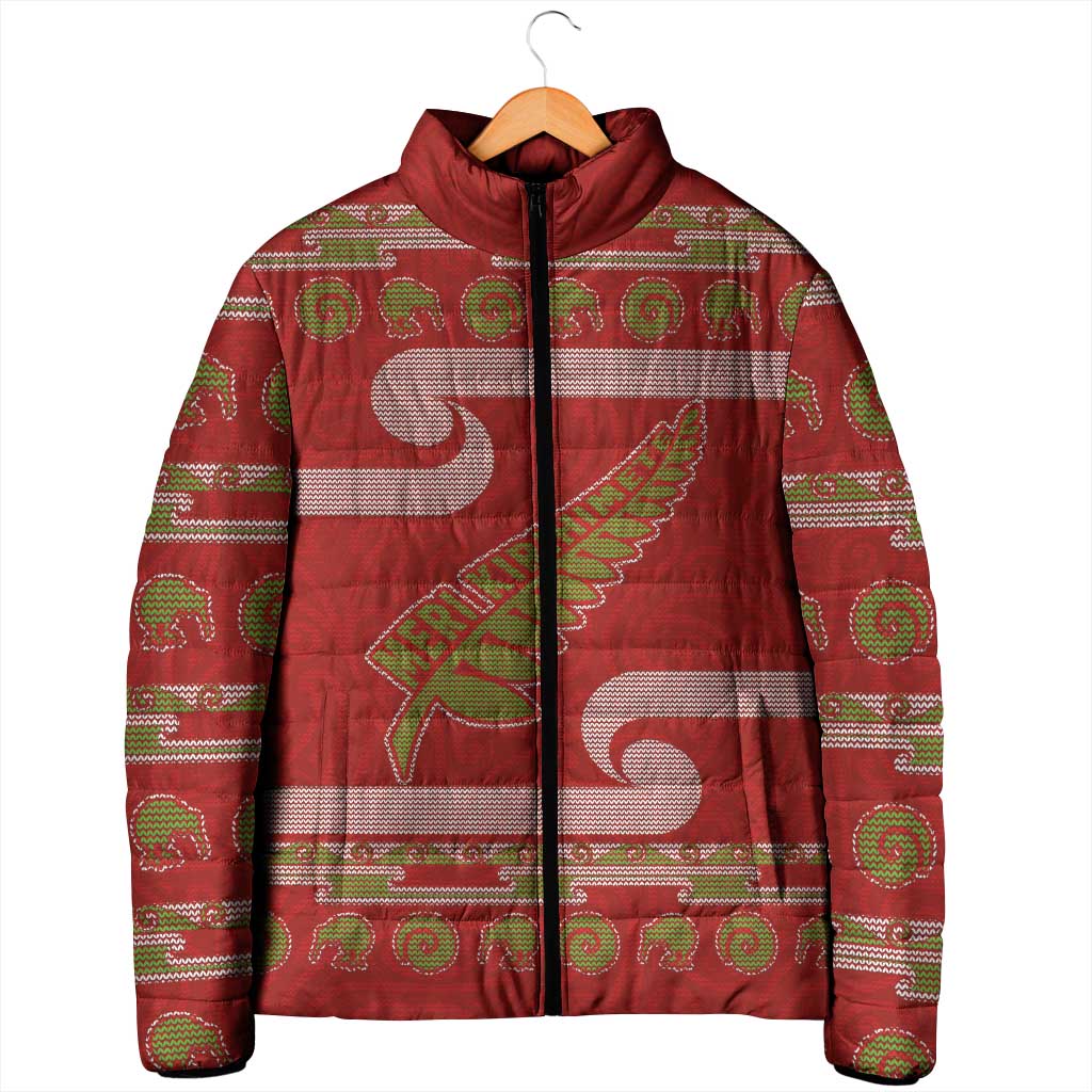 New Zealand Christmas Padded Jacket Meri Kirihimete Silver Fern Knit Style Green Color - Polynesian Pride