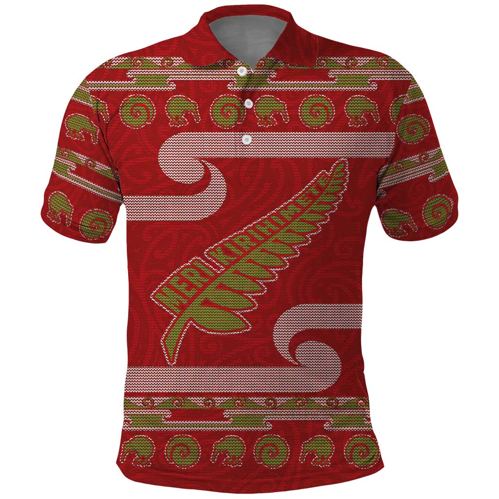 New Zealand Christmas Polo Shirt Meri Kirihimete Silver Fern Knit Style Green Color - Polynesian Pride