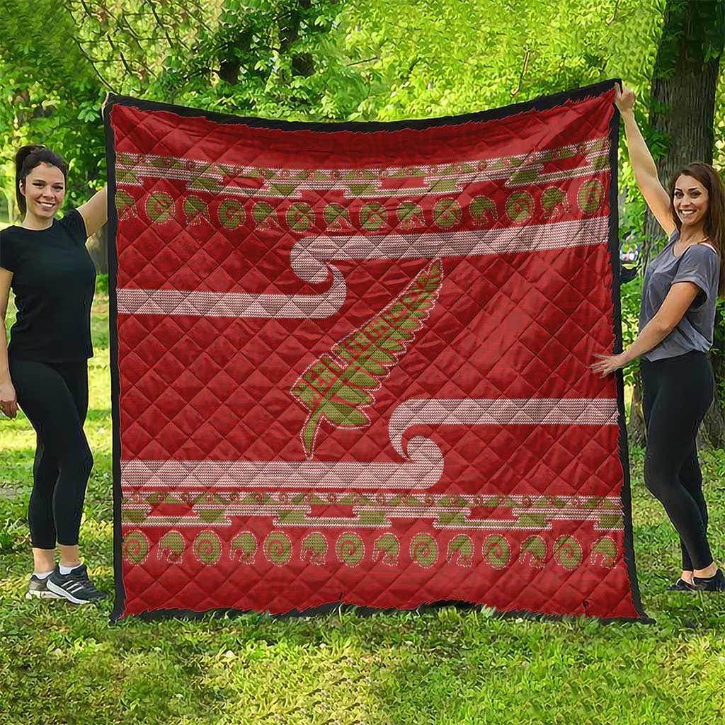 New Zealand Christmas Quilt Meri Kirihimete Silver Fern Knit Style Green Color - Polynesian Pride
