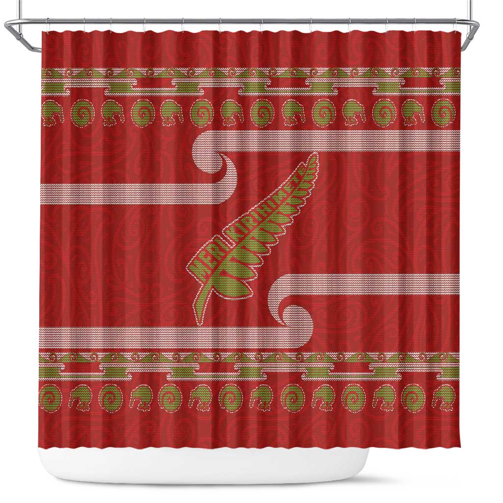 New Zealand Christmas Shower Curtain Meri Kirihimete Silver Fern Knit Style Green Color - Polynesian Pride