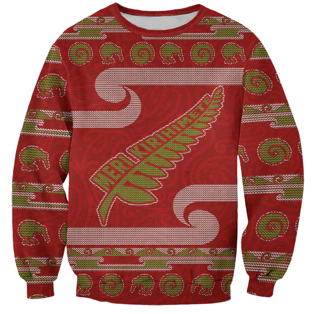 New Zealand Christmas Sweatshirt Meri Kirihimete Silver Fern Knit Style Green Color - Polynesian Pride