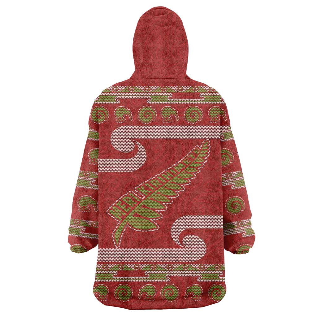 New Zealand Christmas Wearable Blanket Hoodie Meri Kirihimete Silver Fern Knit Style Green Color - Polynesian Pride