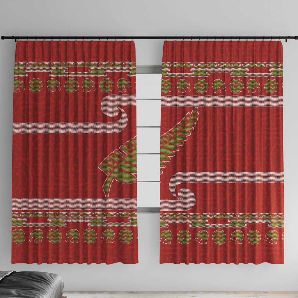 New Zealand Christmas Window Curtain Meri Kirihimete Silver Fern Knit Style Green Color - Polynesian Pride