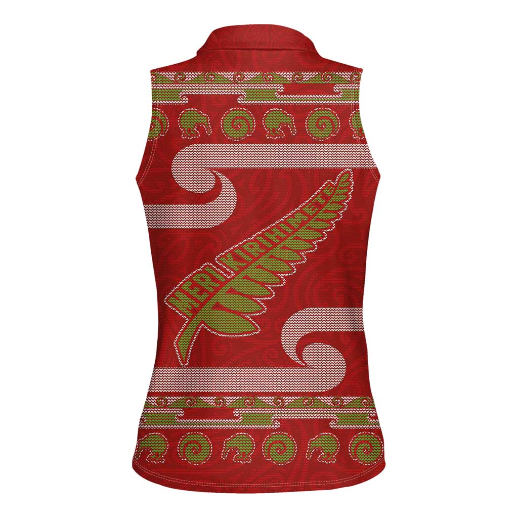 New Zealand Christmas Women Sleeveless Polo Shirt Meri Kirihimete Silver Fern Knit Style Green Color - Polynesian Pride